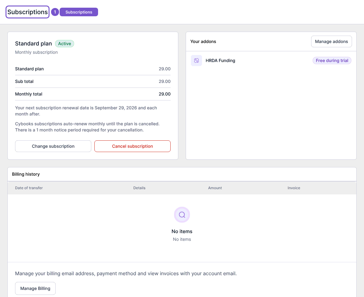 Subscriptions overview with current plan, addons and Billing history
