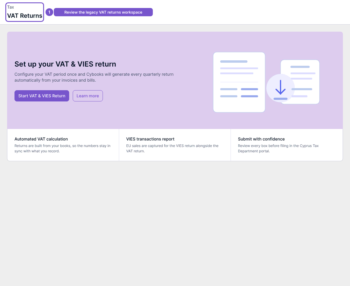 Earlier VAT Returns workspace with the VAT and VIES setup prompt