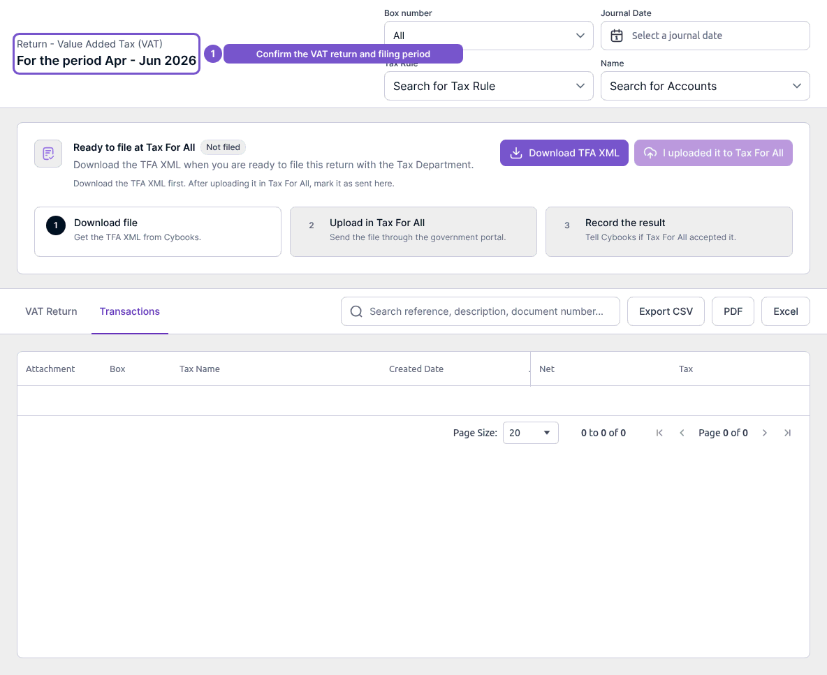 Earlier VAT review with the return period, filing controls and Transactions tab