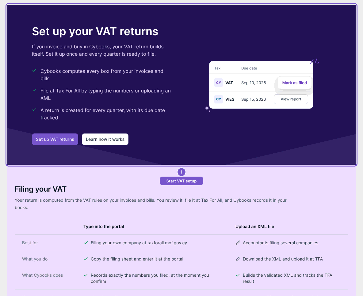 VAT overview with Set up your VAT returns highlighted