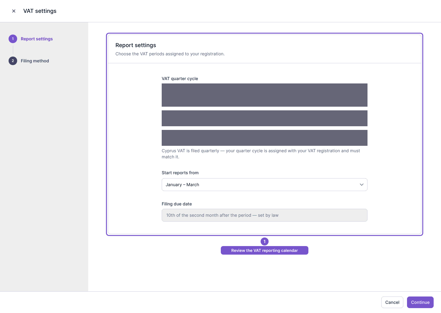 VAT settings Report settings step with the reporting calendar fields