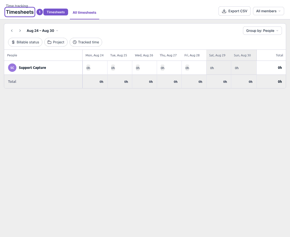 All timesheets report with a weekly team grid