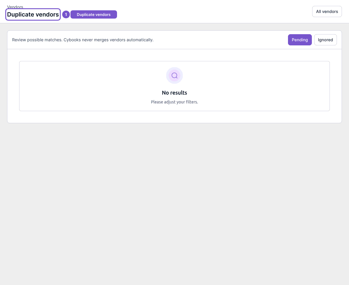 Duplicate vendors page with Pending and Ignored views