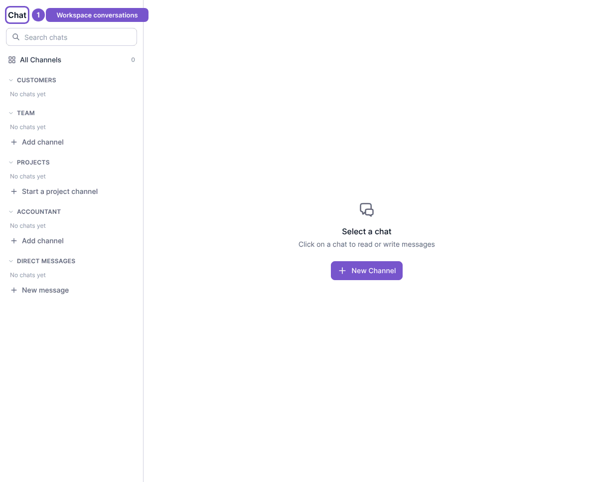 Workspace Chat sidebar and Select a chat empty state